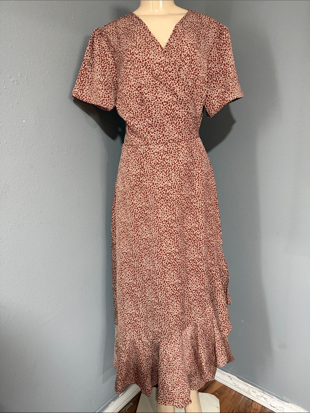 Rust Printed Wrap-Style Midi Dress